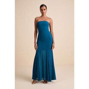 Lulus Cherette Dark Teal Strapless Maxi Dress Blue - Size S